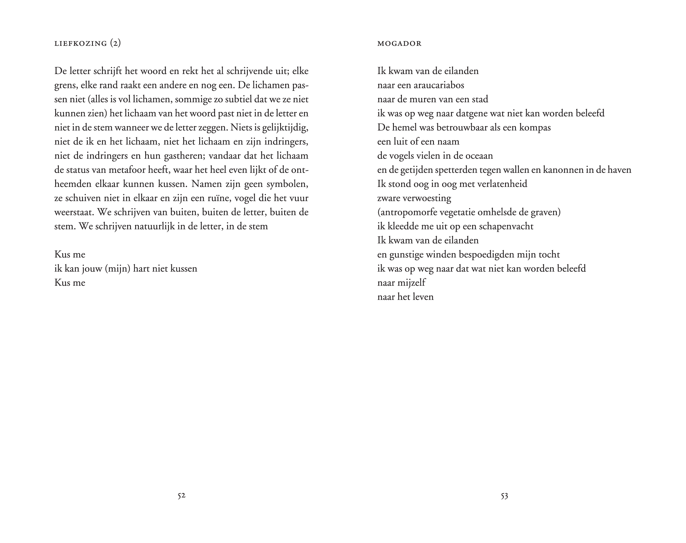 Finisterra. Chus Pato. vertaalde poëzie - dubbele binnenpagina met gedichten ·  grafisch vormgegeven door Sanne Beeren